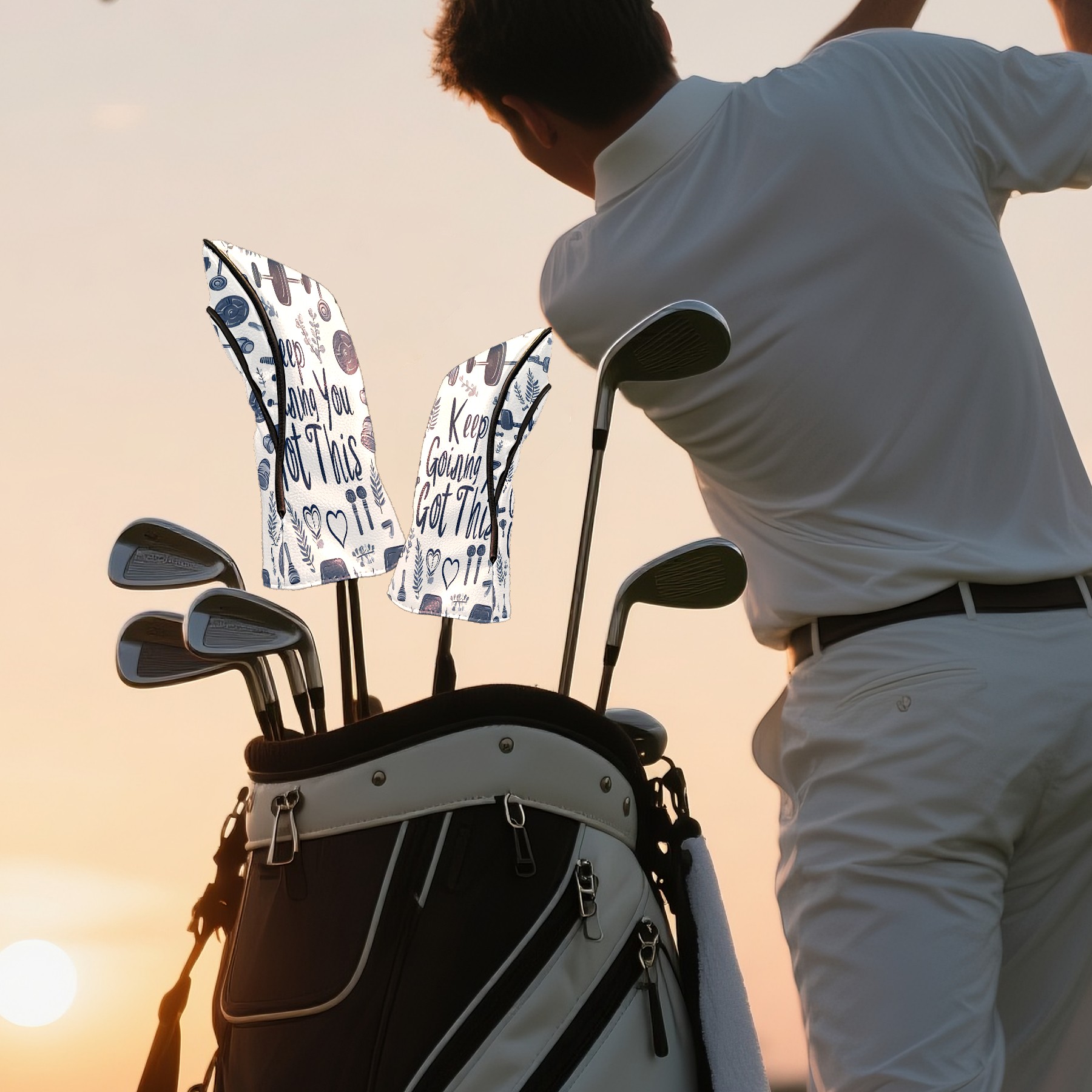 Golf Club Covers, White Fitness Motto Premium PU Leather Driver Hybrid Putter Head Covers with Velvet Lining, Waterproof Golf Gifts for Men Women