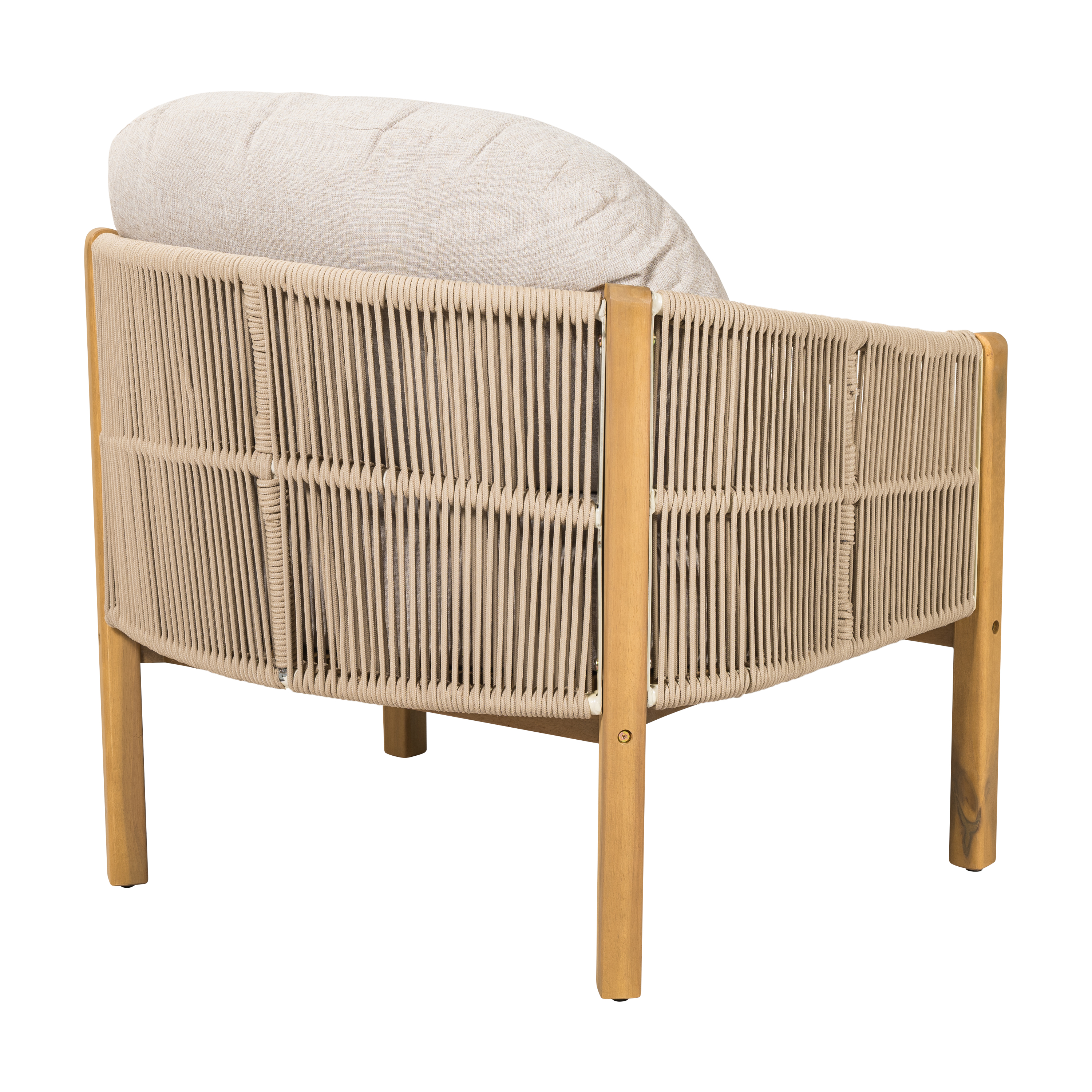 Outdoor Wood Frame Club Chair with Beige Rope and Beige Cushion for Patio Garden Deck, Teak