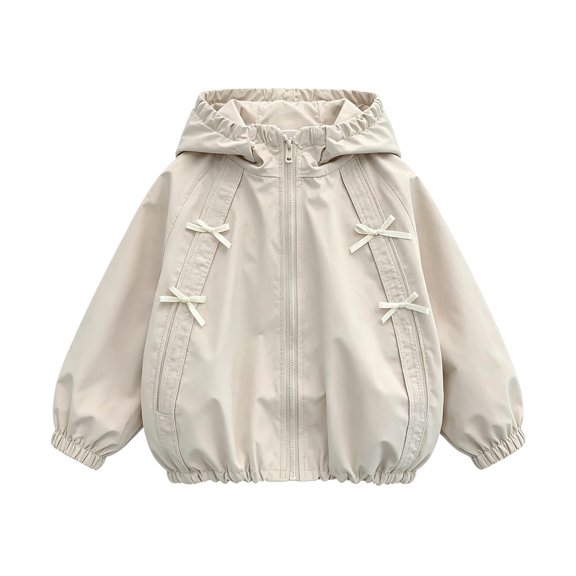 TIREOW Girls Hooded Windbreaker Jacket Solid Color Zip‑Up Windproof Outerwear with Bow Decor Spring Autumn Lightweight Outdoor Windbreaker Coat