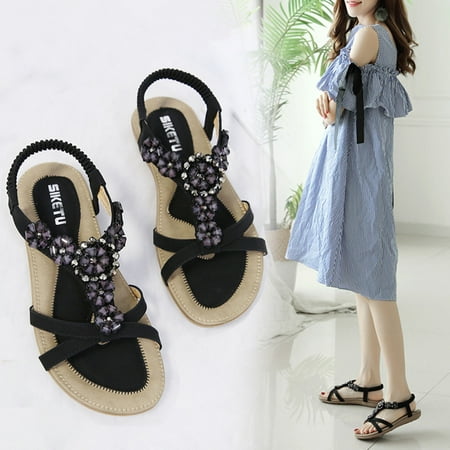 

Porfeet Bohemian Women Sandals Open Toe Flat Heel Shoes Flower Beads Anti Skid Sandals for Beach Apricot 39
