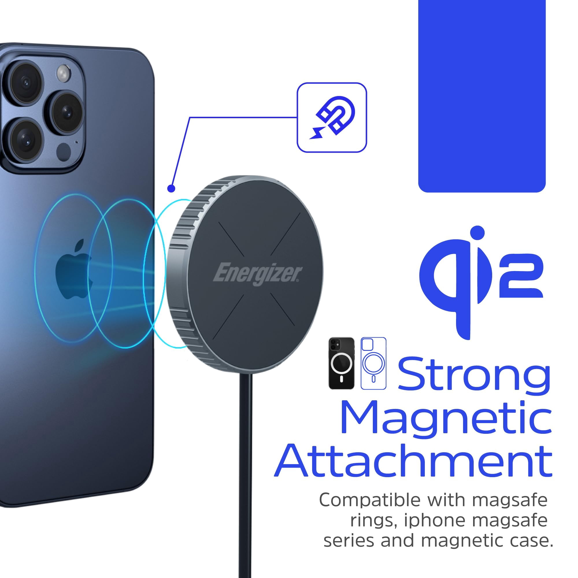 Energizer Qi2 Certified 15W Magnetic Wireless Charger, MagSafe Compatible Fast Charging Pad for iPhone 15/14/13/12 Series, Strong Magnetic Alignment with USB-C Cable for Qi-Enabled Phones_WCP112