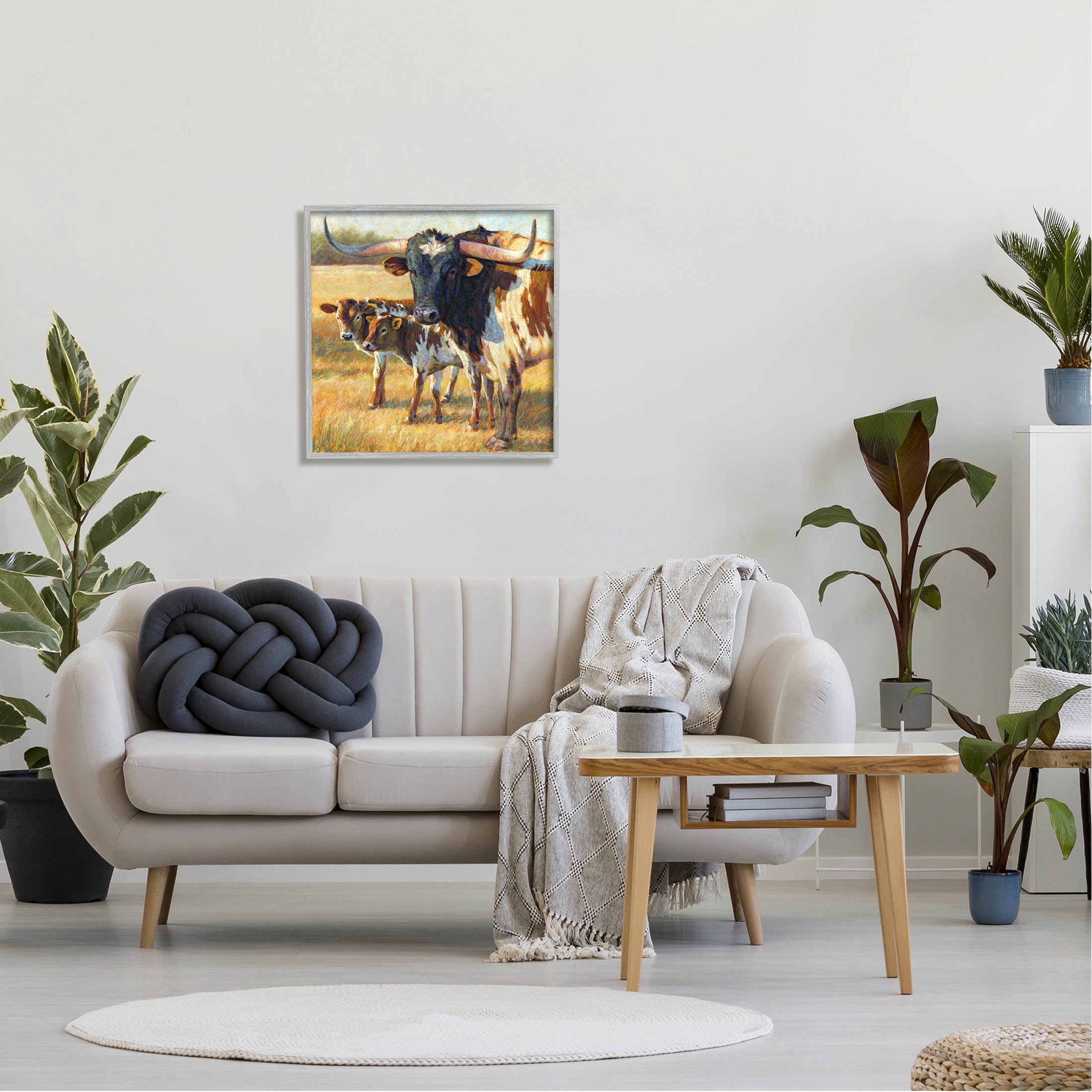 Longhorn Cattle Family Grassland Animals & Insects Painting Gray Framed Art Print Wall Art