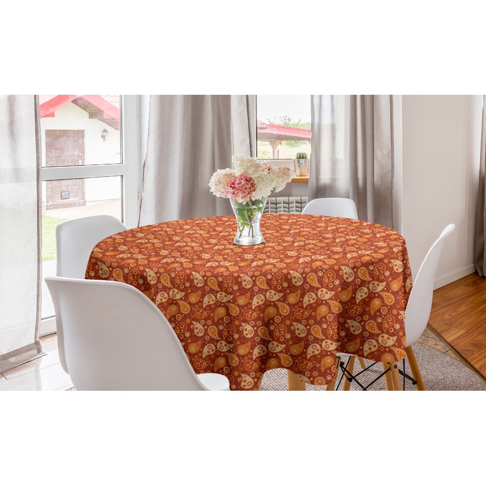 Orange Round Tablecloth, Retro Style Pattern with Paisley and Flowers