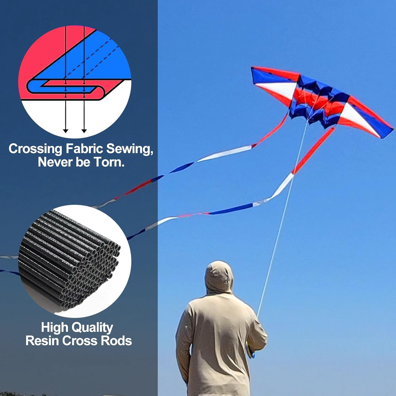 Large 98-Inch 3D Rainbow Box Kite for Adults, Super Easy Flyer with Two 49-Ft Multi-Color Tails, 300-Ft String and Handle