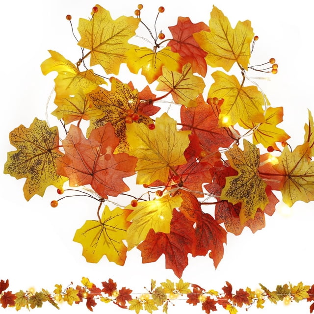 Maple Leaves String Lights Fall Leaf Garlands Light Total 9.8Ft 20LED Lights with 2 Modes Battery Operated Autumn Maple Leaves Garland for Autumn Thanksgiving Home Decor