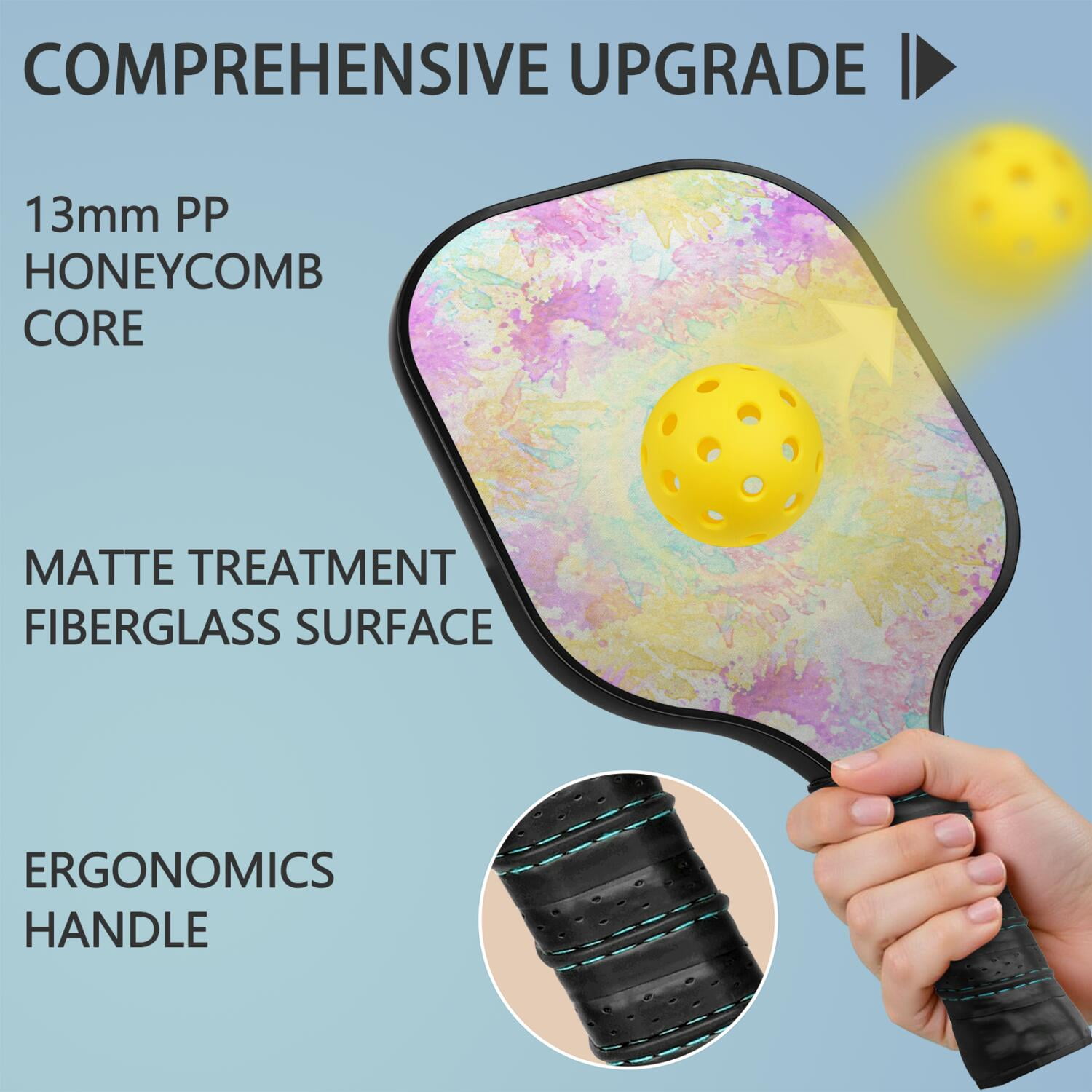 Pickleball Paddles Set Of 2, Fiberglass Surface, Fluid Smoke Aurora Art Style, 4 Balls & Bag