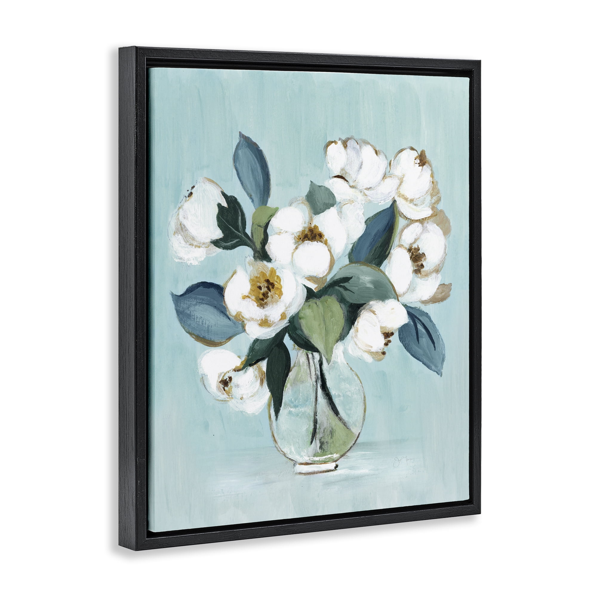 Stupell Industries Magnolia Arrangement over Blue Black Framed Floater Canvas Wall Art, design by Janet Tava