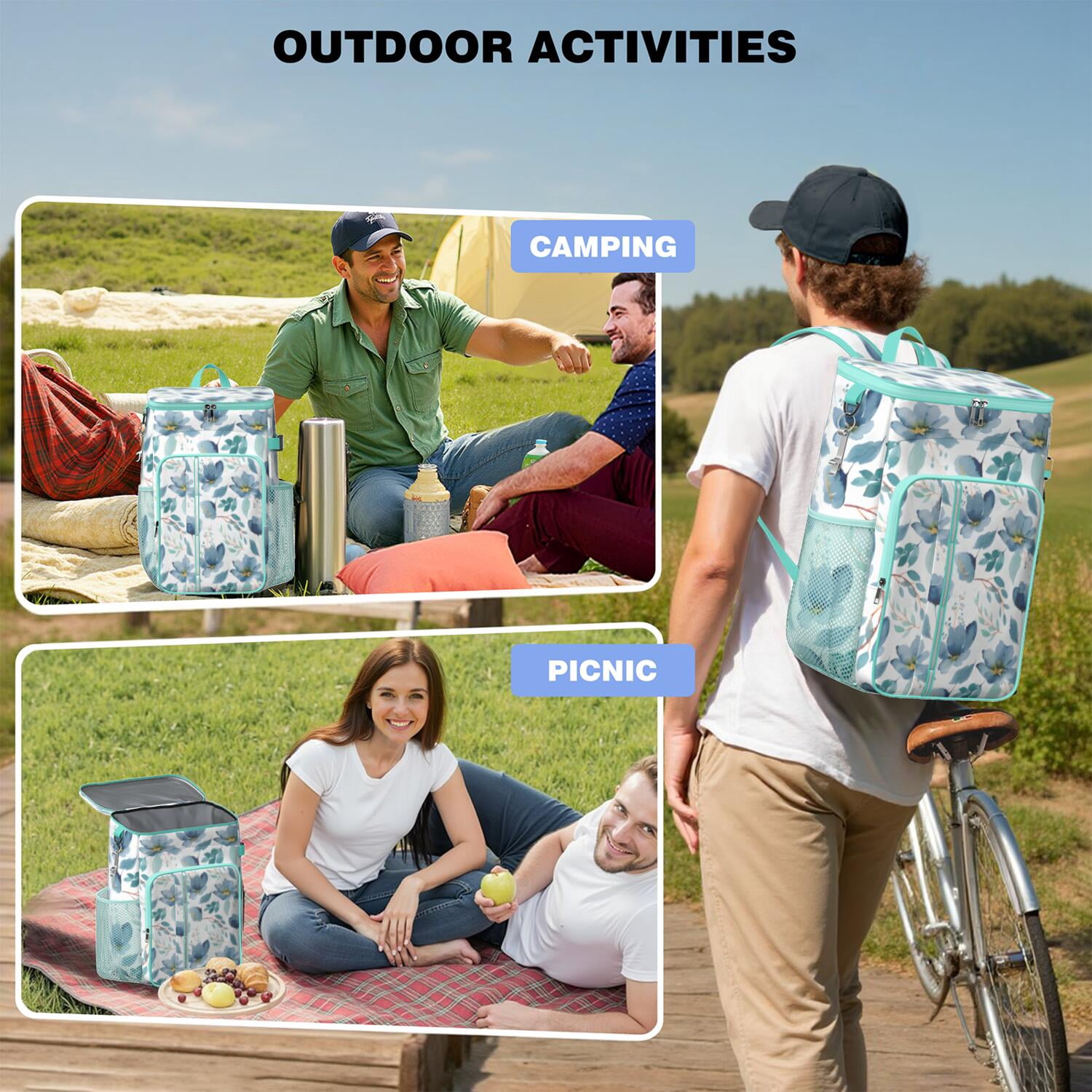 Travel Cooler Bag - Pioneer Flower Floral Print Pattern Camping Beer Cooler Backpack with Bottle Opener- Waterproof Insulated Picnic Backpacks - Cooler Bag for Beach