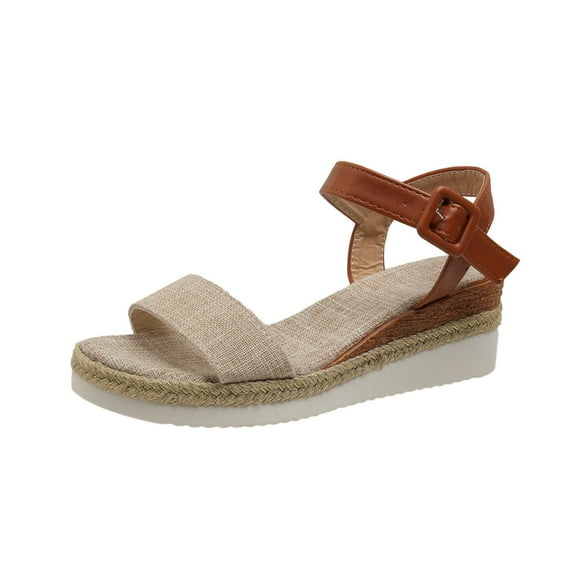 hopeusnice Women's Summer Wedge Sandals Buckle Ankle Strap Open Toe Espadrille Wedge Sandals Comfortable Breathable Beach Shoes Beige 38