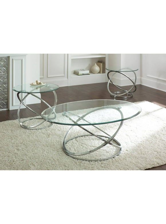 Steve Silver Orion Oval Chrome and Glass Coffee Table Set