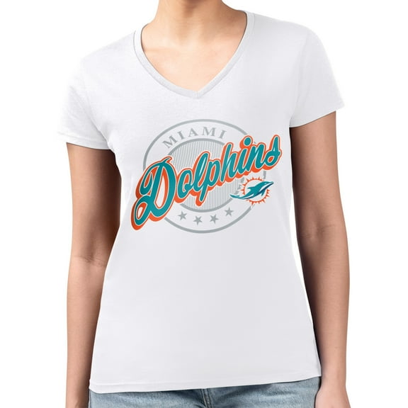 Women's G-III 4Her by Carl Banks  White Miami Dolphins Super-Slim Fit Lightweight Pinstripe Circle V-Neck T-Shirt