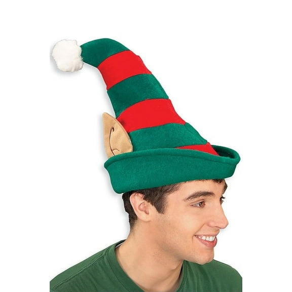 Red and Green Striped Christmas Elf Hat with Ears and Pom Pom