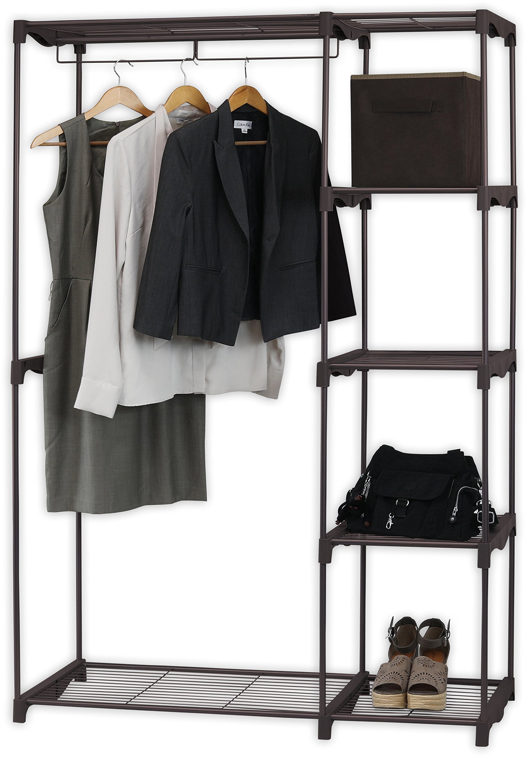 SimpleHouseware Metal Freestanding Clothes Garment Organizer Closet with Hanging Shelves Small Space Rack Stand Bronze Walmart