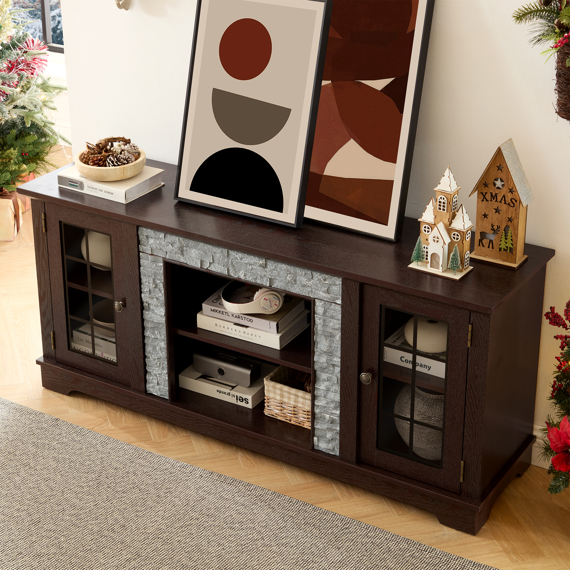 HIUU Farmhouse TV Stand with Storage,Modern TV Consoles for Living Room,Entertainment Stand,Faux Stone Entertainment Center for 65 Inch TVs(Cherry)