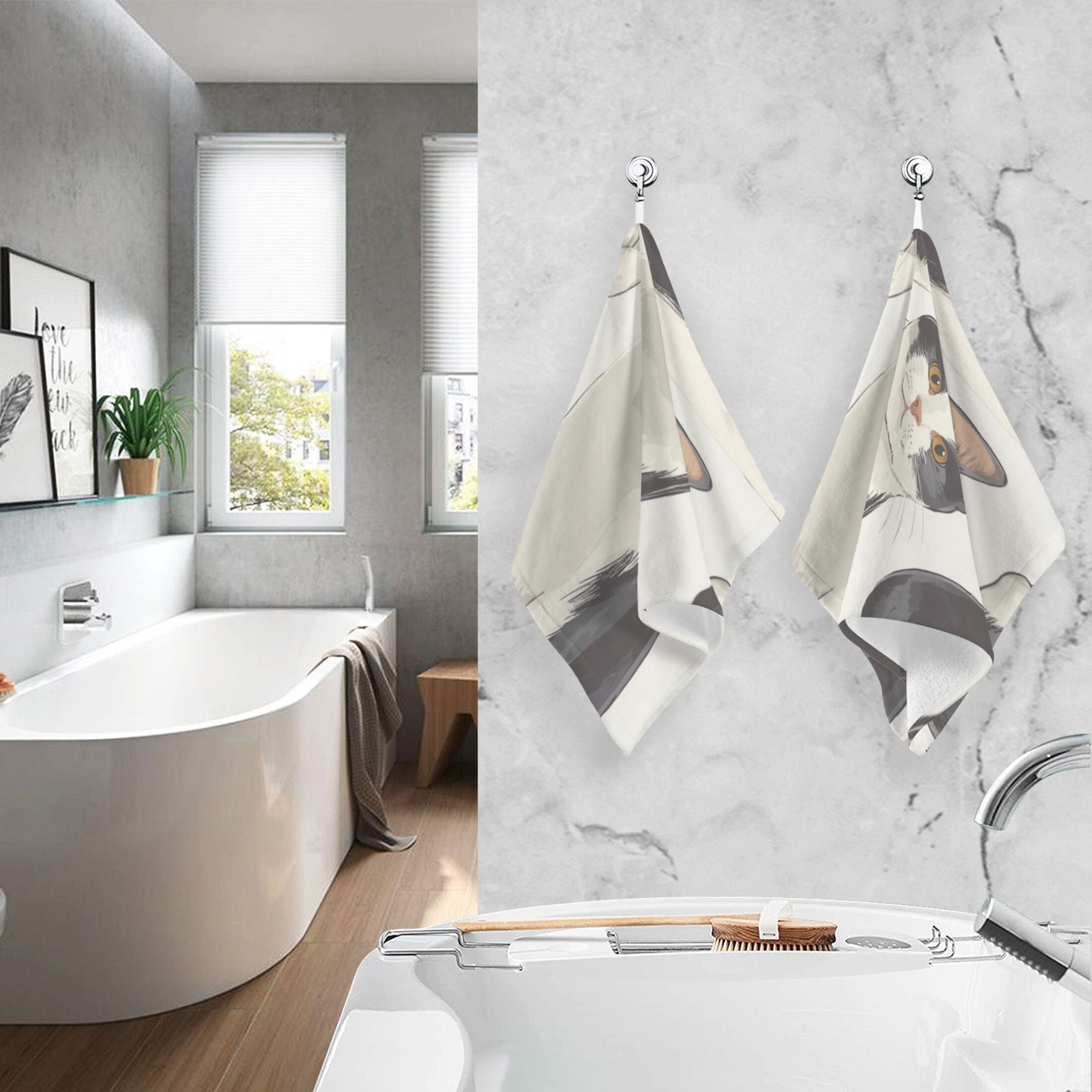 Cotton Towel Two-Piece 16x28 Inch One Sizex2 Face Towel Set Towel Set Cotton Hand Bath Towel Bathroom Beach Black and White Cat