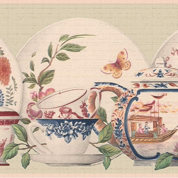 Dundee Deco's Peel and Stick Wallpaper Border - Country Blue Red White Tea Set Wall Border Retro Design, 15 ft x 7 in (4.57m x 17.78cm), Self Adhesive