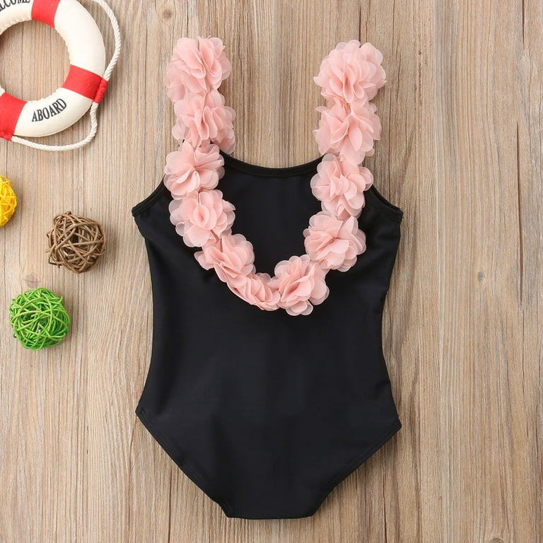 Caitzr Summer Baby Girl One-piece Swimsuit Backless Swimwear with Flower  Shoulder Straps Solid Color Bathing Suit