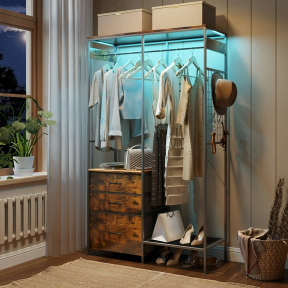 67” Garment Rack with LED Lights,  3 Drawers clothes rack, Featuring 8 Hooks,  Coat Rack with Shoe Storage, Entryway, Living Room and Bedroom, Brown