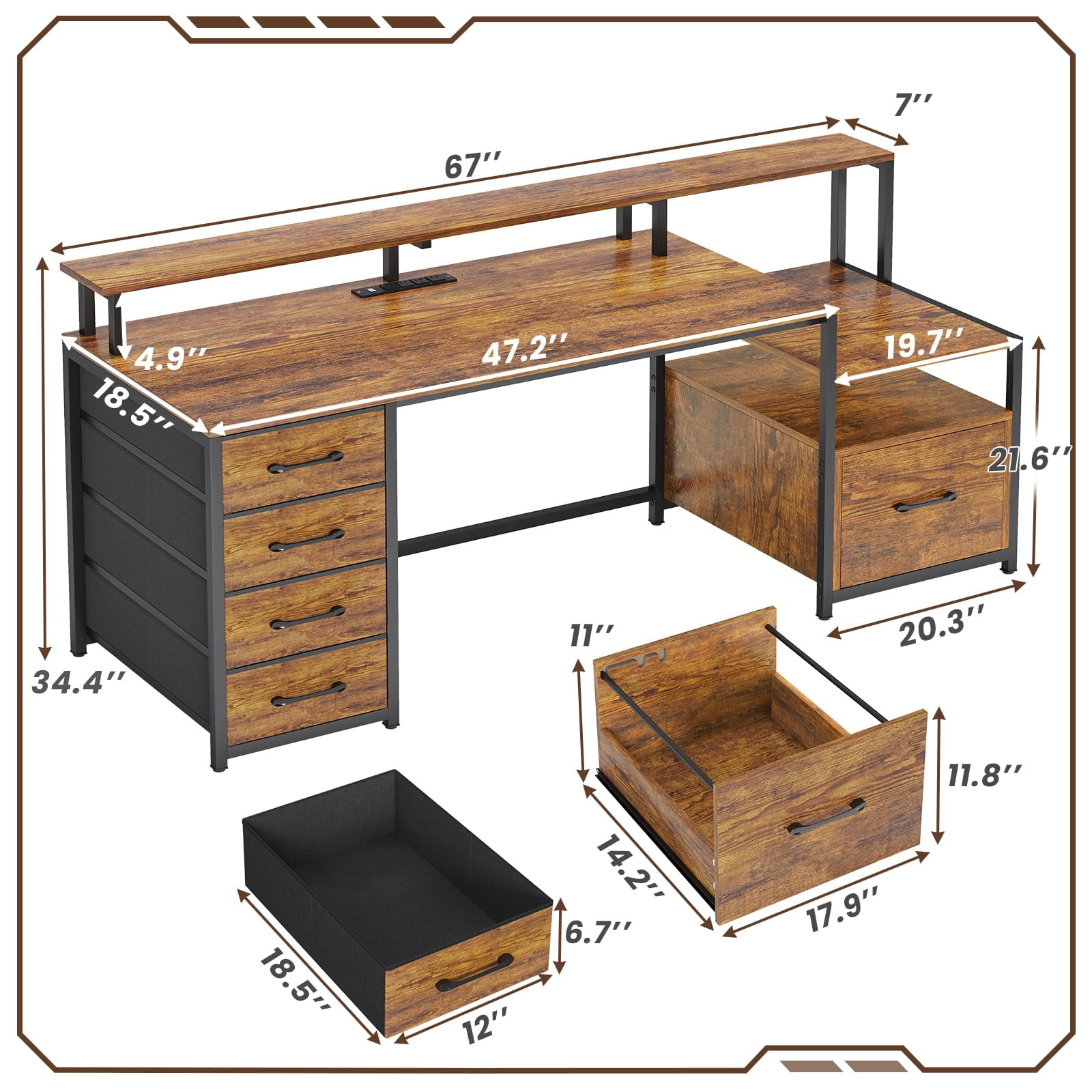 SEDETA 66" Computer Desk with File Drawer & Power Outlet, Home Office Desk with 5 Drawer and Storage Shelves, Printer Cabinet and Monitor Shelf, Gaming Desk with Led Lights, Rustic Brown