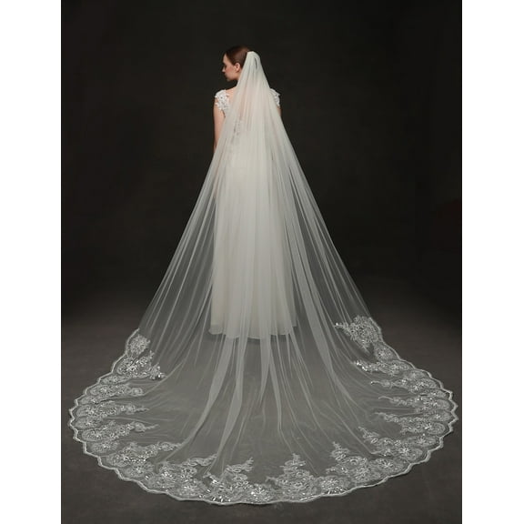 EllieWely 1 Tier Cathedral Length 3.5 M(138 inch) Bling Sequin Lace Wedding Bridal Veil With Metal Comb White