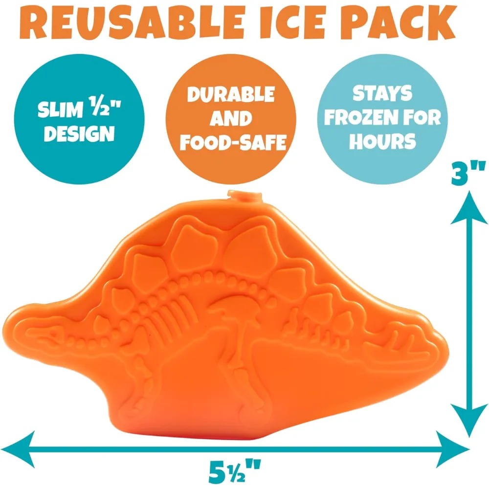 Bentology Kids Lunch Bag Set w Matching Reusable Water Bottle & Hard Ice Pack- Orange Dinosaurs- Insulated Tote, Stainless Steel Insulated Thermos, Hard Ice Pack- School Lunchbox Kits
