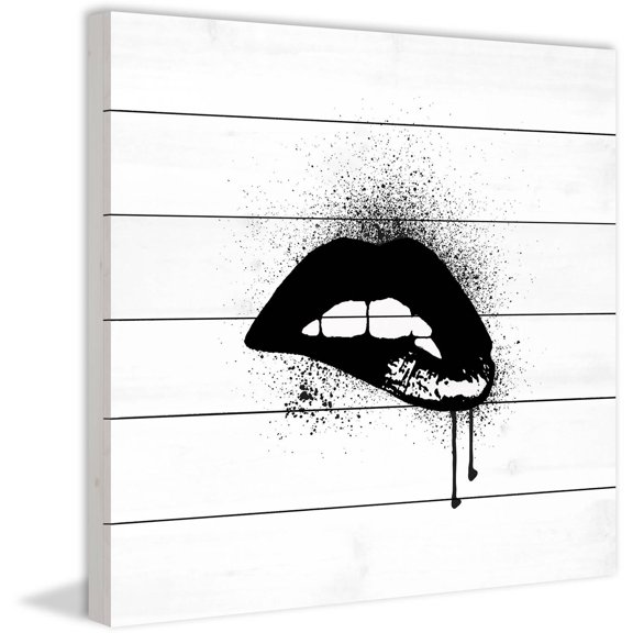 "Lips Black Paint" Painting Print on White Wood