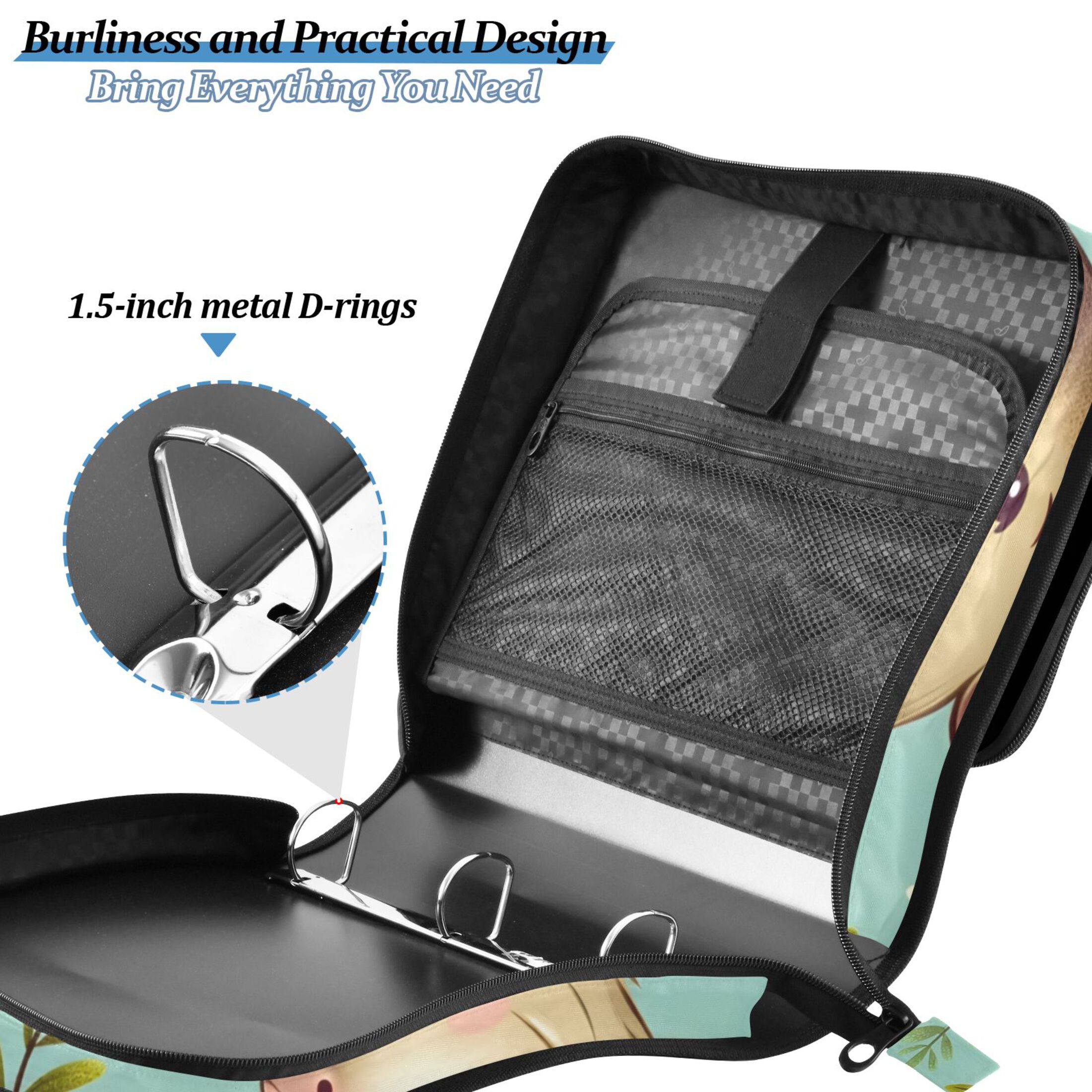 3 Ring Zipper Binder with Shoulder Strap Waterproof Trapper Keeper 2 Inch D-Ring 500 Sheets Capacity Cute Capybara and Leaf