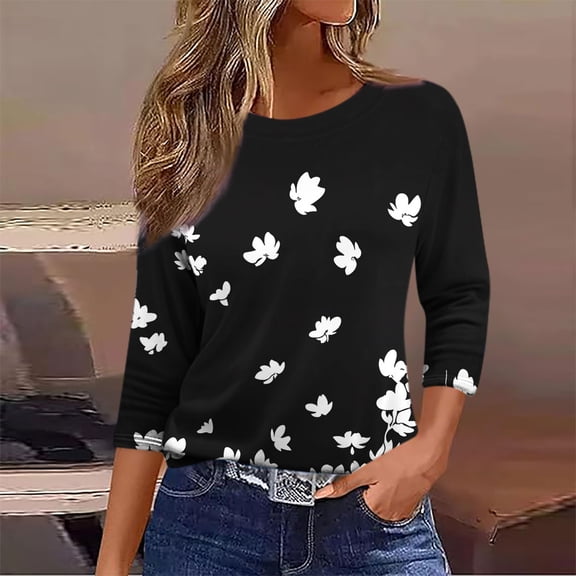 Njagoc3 Womens Black White Floral Print Top, 3/4 Sleeves, Loose Fit, Elegant Design, Ideal for Spring & Summer Garden Gatherings