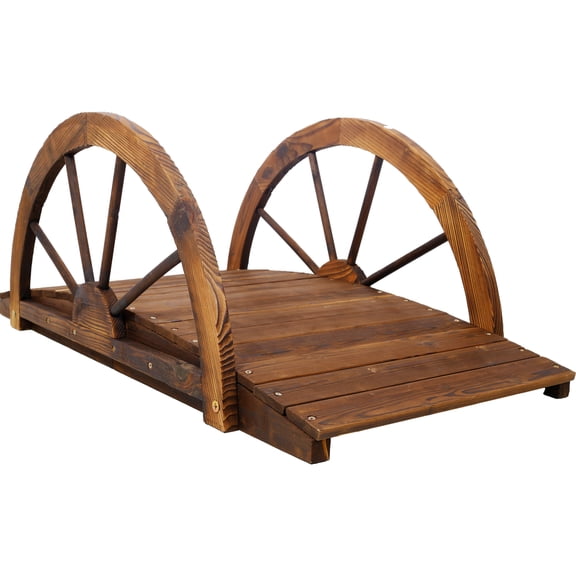 3.3ft Wooden Garden Bridge Arc Footbridge with Half-Wheel Style Railings & Solid Fir Construction, Stained Wood,