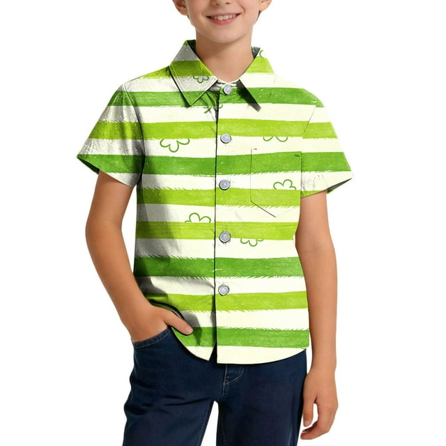 RXMEKW Chemise à Manches Courtes Imprimée de la Saint-Patrick pour Garçons et Filles de 2 à 15 Ans, Haut d'Uniforme en Polyester avec Poche, Vert