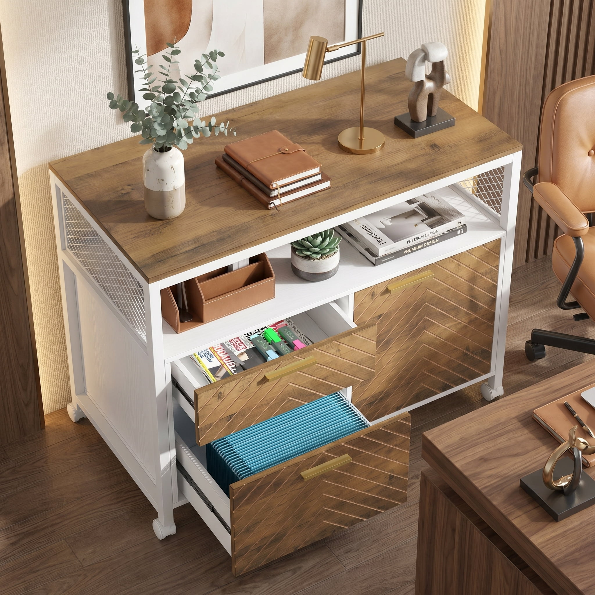 Fnova Modern File Cabinet with Drawers for Letter-Sized File and Door, Lateral Filing Cabinet Printer Stand with Storage Shelves and with Rolling Caster for Home Office, Rustic