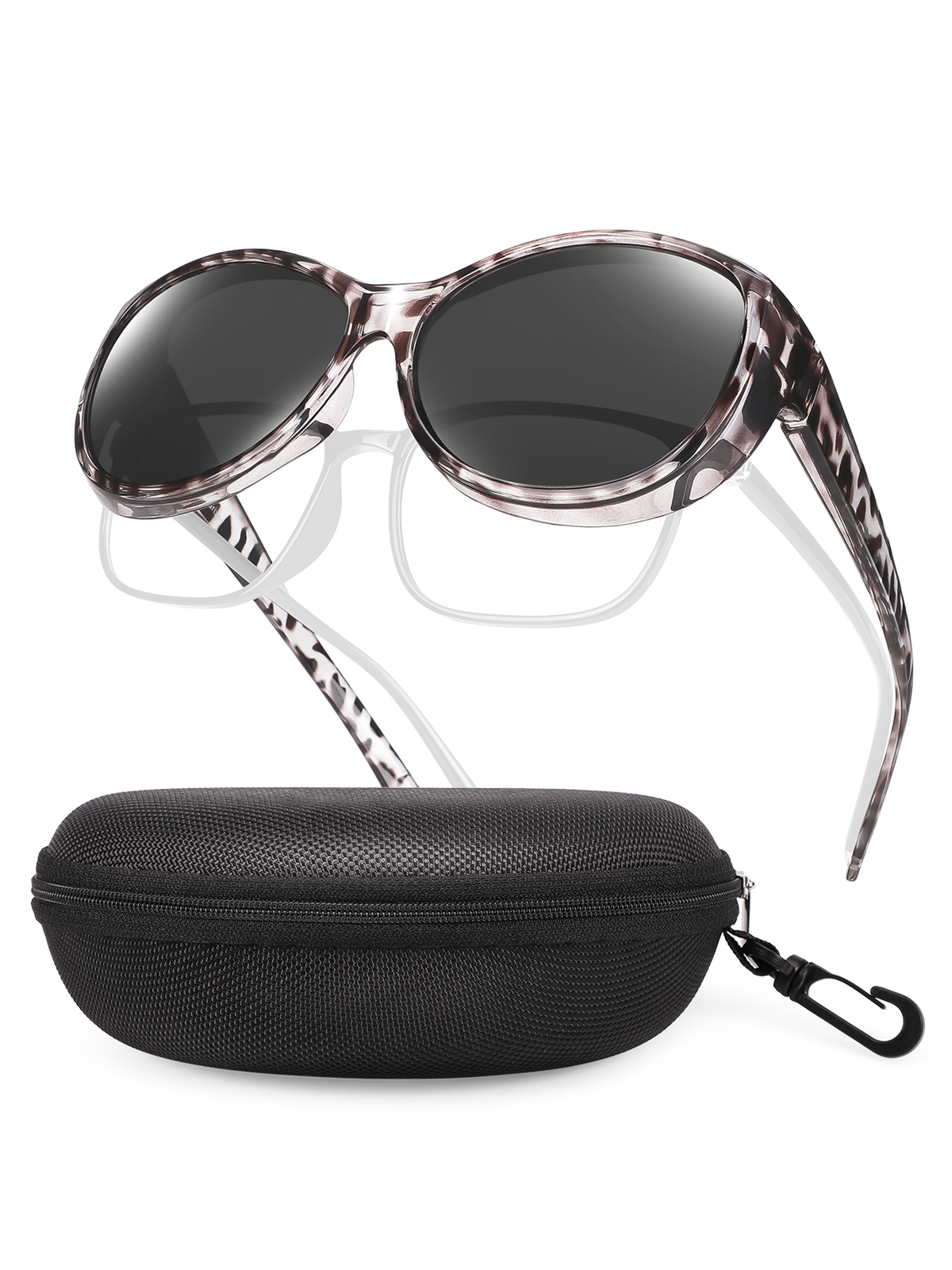 TINHAO Polarized Fit Over Glasses Sunglasses for Women with Hard Case, Oversized Leopard Frame UV400 Wear Over Prescription Glasses Trendy Stylish Fashion