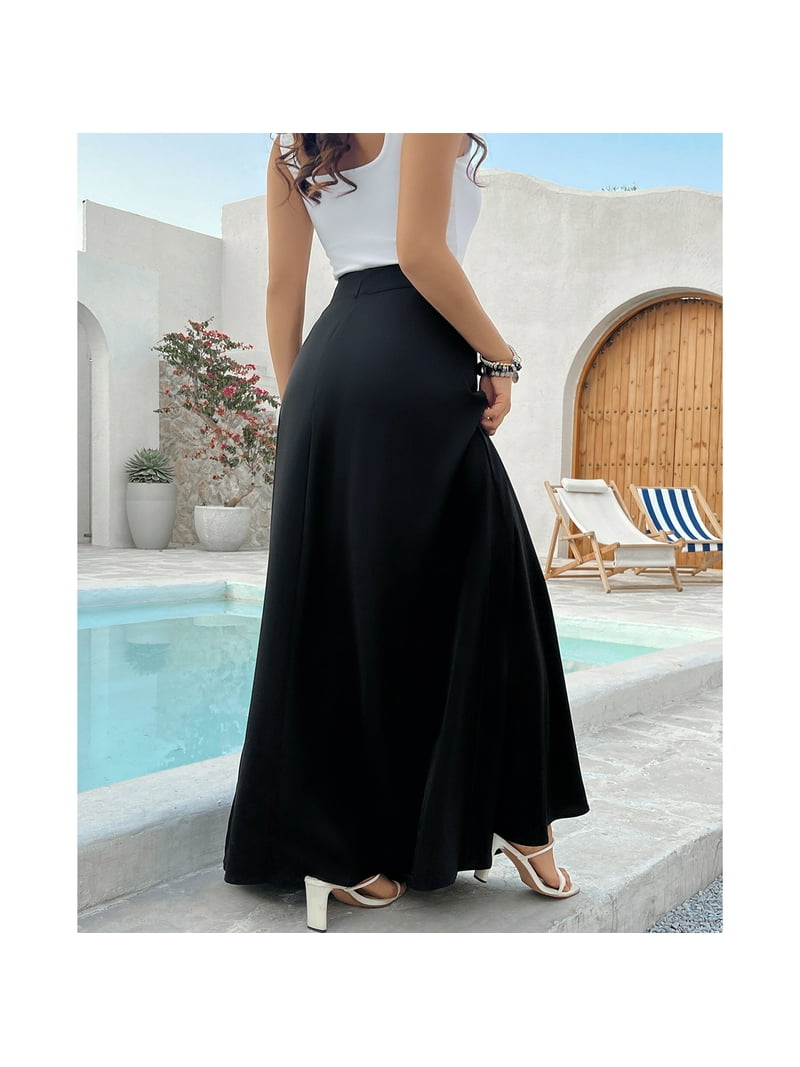 SOMER Women's Pleated Casual Maxi Skirt, Black, High Waist