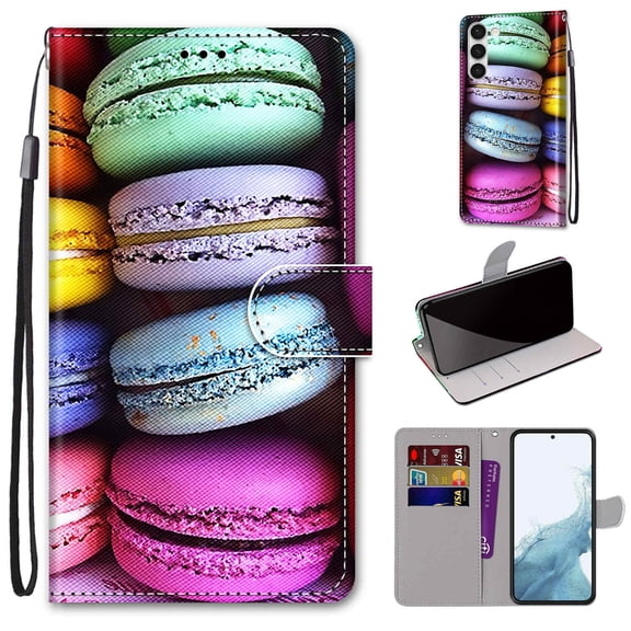 SaniMore Painted Wallet Case Compatible with Galaxy S23 Plus 5G, Stylish PU Leather Shell Magnetic Closure Shockproof Kickstand Case with Wrist Strap for Samsung Galaxy S23 Plus, Color Macaron