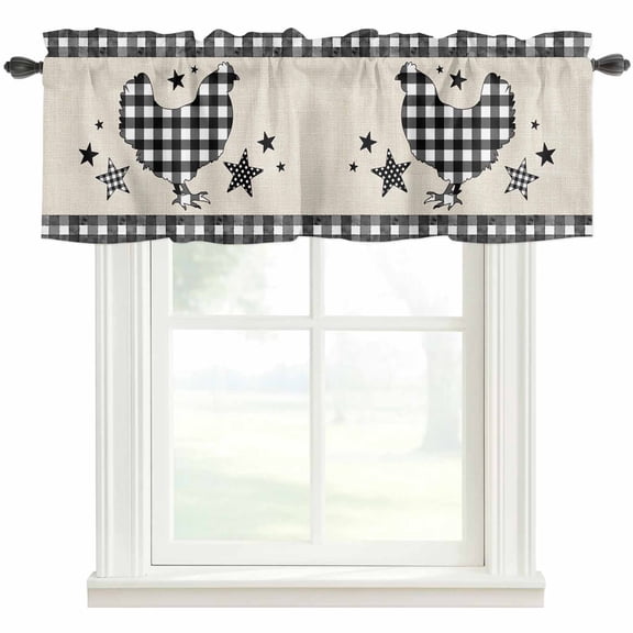 Chicken Hen Rod Pocket Curtain Valance, Rooster Animals Farmhouse White Black Plaid Vintage Farmhouse Window Valance for Living Room, Bedroom, Kitchen 60"W x 18"L