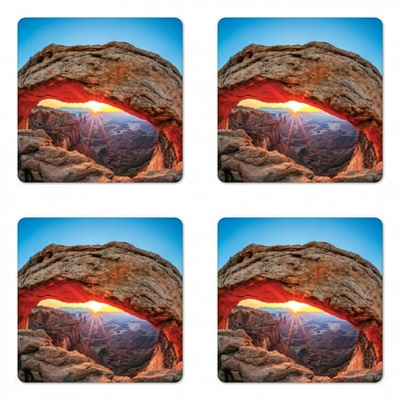 

USA Coaster Set of 4 Famous Sunrise at Mesa Arch in Canyonlands National Park Utah USA Square Hardboard Gloss Coasters Standard Size Pale Brown Sky Blue by Ambesonne