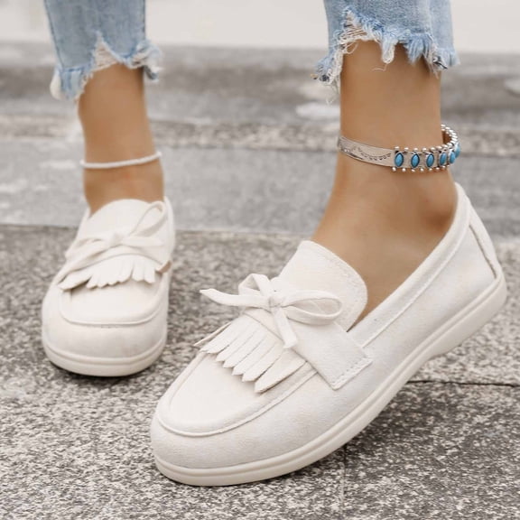 XUNKUSGA Loafers for Women Fashion Retro Bowknot Fringe Womens Loafers Comfortable Suede Business Casual Slip On Shoes Women Lightweight Round Toe Flat Women's Shoes 5.5-9.5 Beige