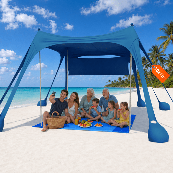 DKMOCO 10x10FT Beach Tent Sun Shelter with Sideshade, UPF 50  UV Protection Pop Up Beach Shade Canopy for Outdoor Camping Fishing Picnics with 8 Sandbags, 4 Stability Poles, Beach Mat, Navy Blue