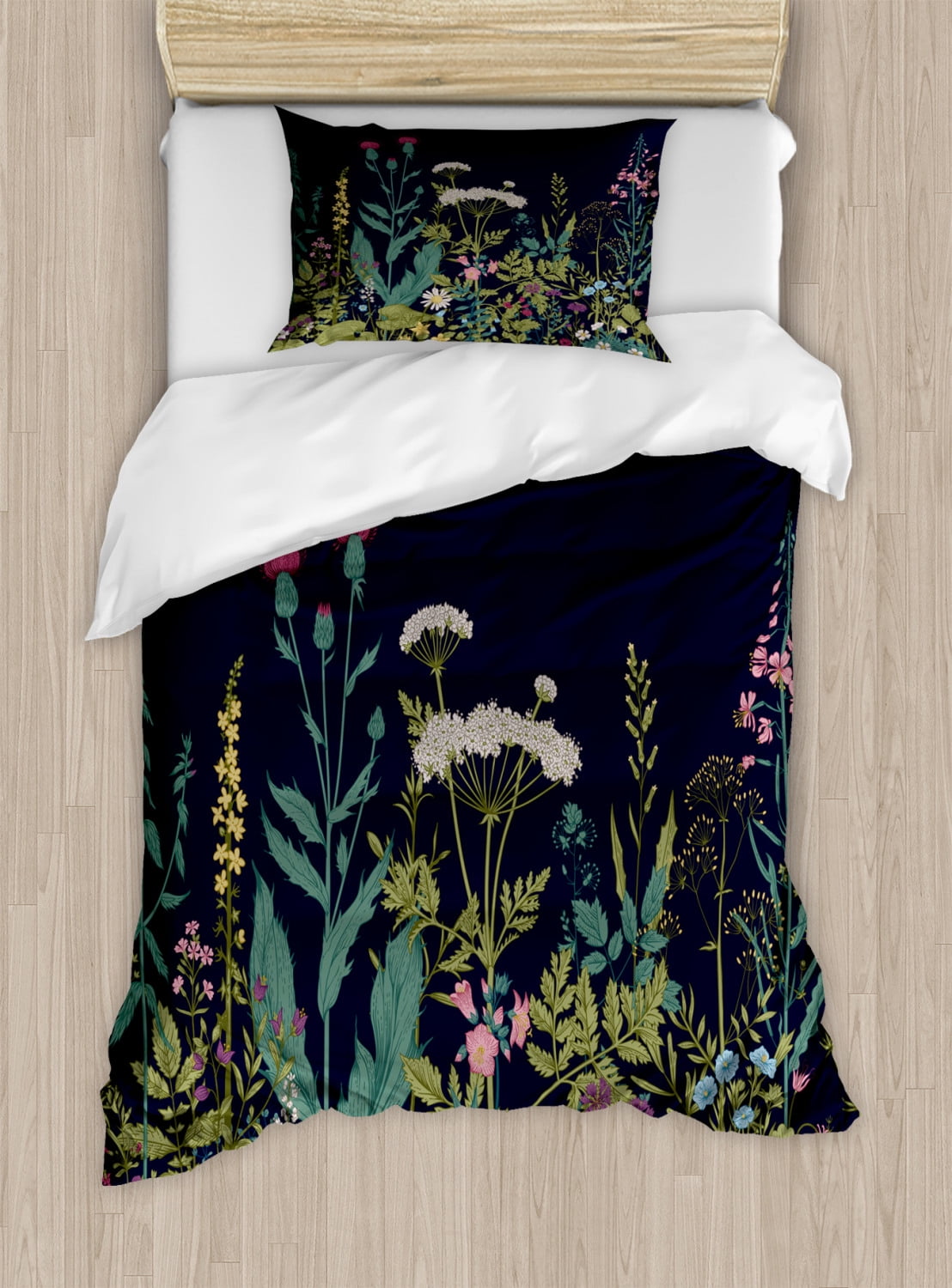 Botanical Twin Size Duvet Cover Set, Blossoming Meadow Artwork with