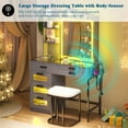 thumbnail image 4 of HNEBC RGB Makeup Vanity with Mirror Lights, Sliding Mirror Vanity Desk with Glass-Top Design,Women White Vanity for Bedroom,7 Dynamic Vanity Table Set with Storage Cabinet and Cushion Stool (Grey), 4 of 9