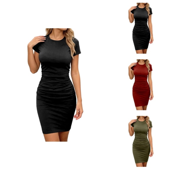 Tshirt Dress Women Summer Short Sleeve Crewneck Ruched Bodycon Knee Length Dress Casual Work Dresses