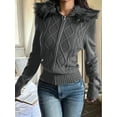 thumbnail image 6 of Women'S Zip Up Cardigan Sweater Cable Faux Fur Hoodies Long Sleeve Jacket Knit Outfits Y2K Grey M, 6 of 7