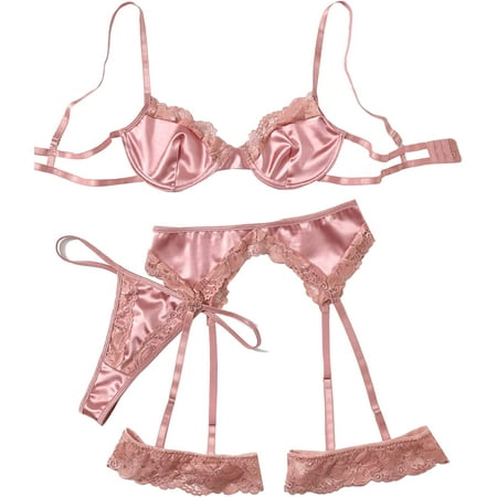 

ZWUYIYHJ Womens Sexy Lingeries Exotic Garter Belt Set Floral Lace Bra and Panty 4 Pieces