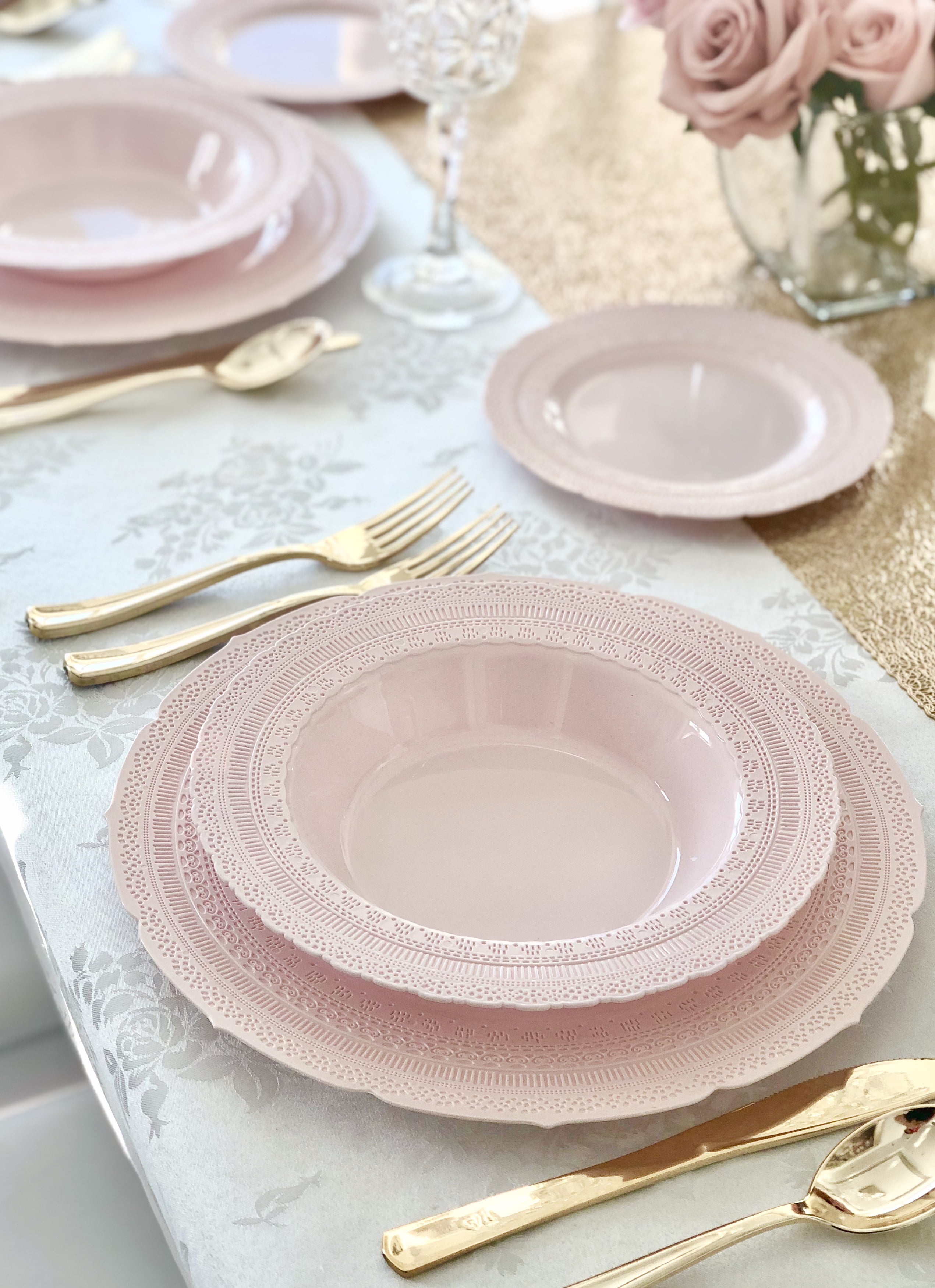" OCCASIONS " 80 Plates Pack,(40 Guests) Extra Heavyweight Vintage Wedding Disposable / Reusable Plastic Plates 40 x 11'' Dinner + 40 x 8.25'' Salad / Dessert Plate (Chateau Blush Pink)