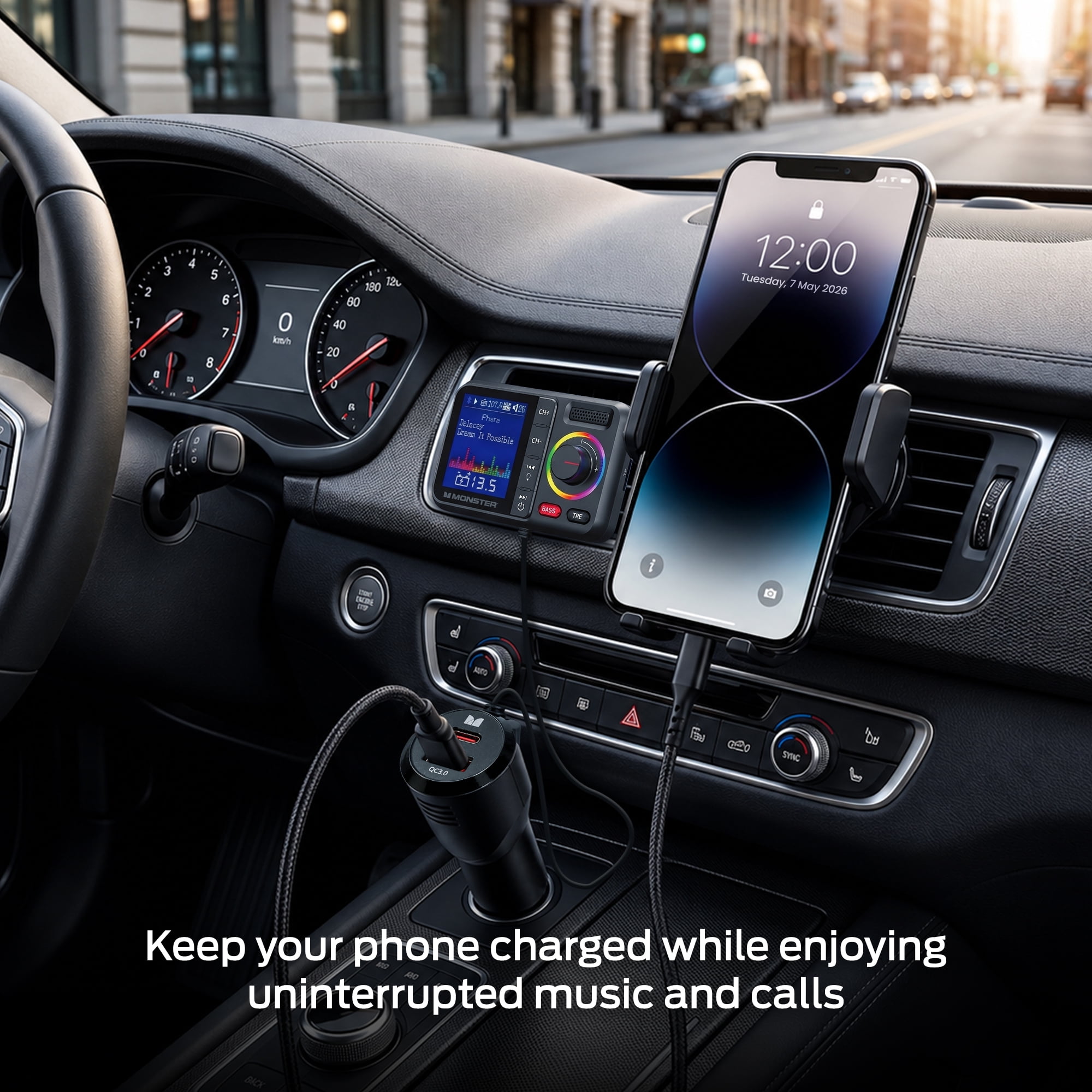Monster Bluetooth FM Transmitter for Car, 48W Dual USB Fast Charger, PD 30W USB-C & QC 3.0 USB-A, Hands-Free Calling, Wireless Music, AUX USB MicroSD, Adjustable EQ, Vent Clip Mount