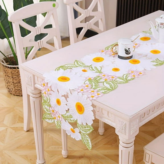 1pc Table Runner, 38*148cm/15*58.2in, Daisy Floral Pattern Table Runner, Spring Theme Seasonal Table Runner, Small Fresh Style Kitchen Dining Table Decoration For Indoor, Party Decor