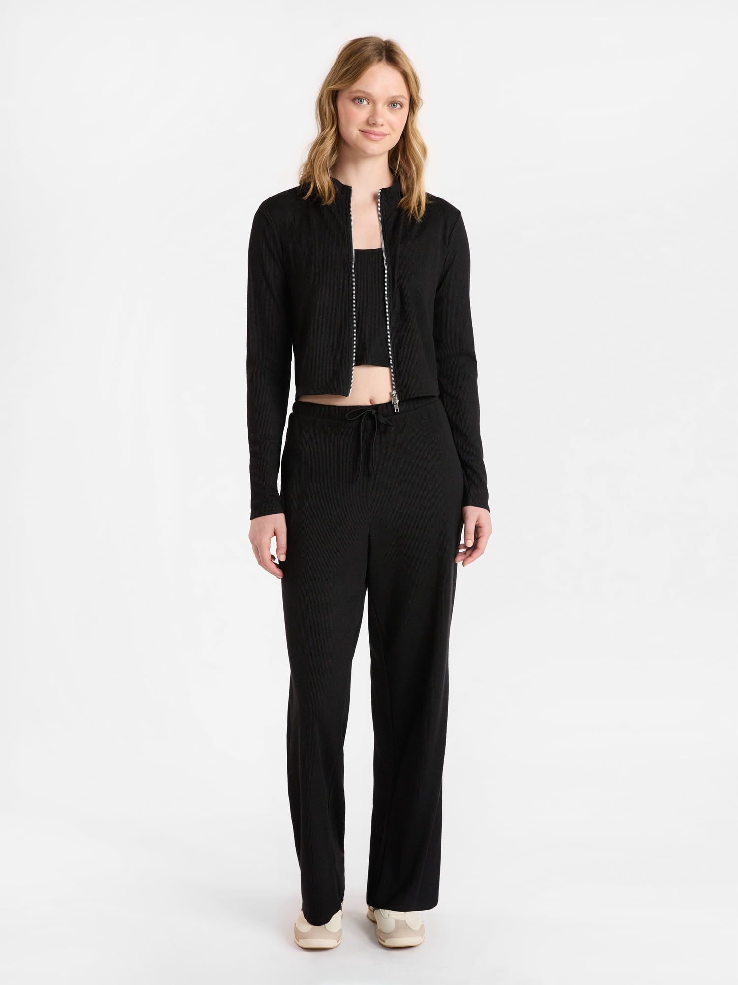 No Boundaries Waffle Knit Tank Top, Jacket, and Pants Set, 3-Piece, Women's