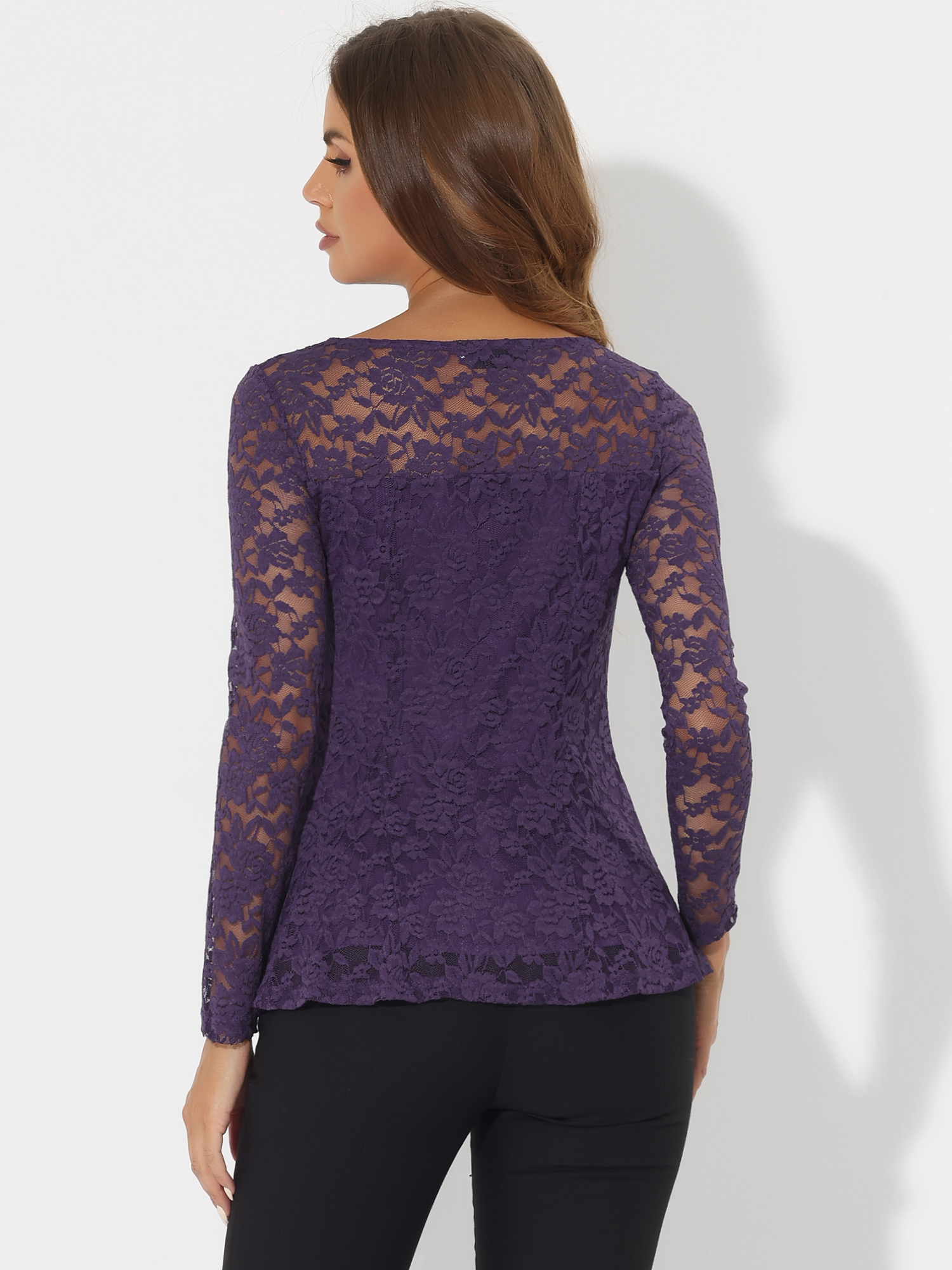 DARING DIVA Lace Peplum Tops Elegant Floral Lace Blouse S Purple