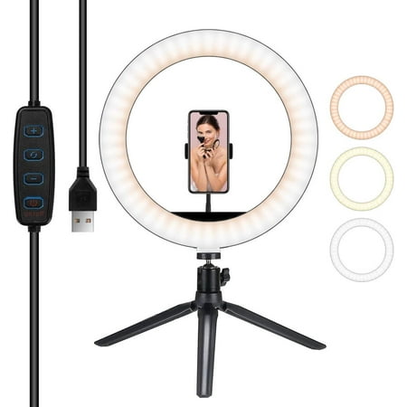 Image of 1 Pack LED Ring Light 10 with Stand Tripod for Makeup Live Streaming Video Table LED Camera Light with Cell Phone Holder Mini Dimmable Lamp with 3 Light Modes & 10 Brightness Level