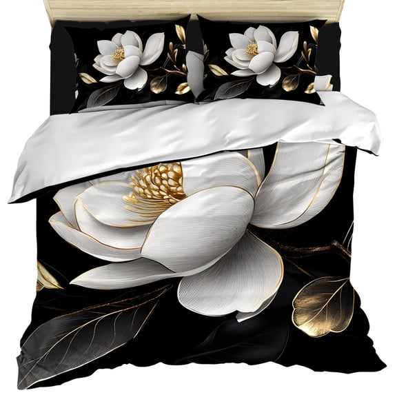 Gorgeous Flowers Duvet Cover Set, White Gold Floral Botanicals Black Soft Duvet Cover Queen Size Bedding Set 4 Pieces, 1 Quiltcover and 2 Pillowcases with Zipper, 1 Bed Sheet for All Seasons